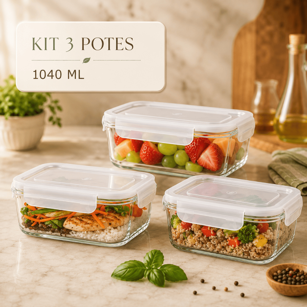 Kit 3 Potes Vidro Hermético 1040ml Retangular 4 Travas Marmita Premium