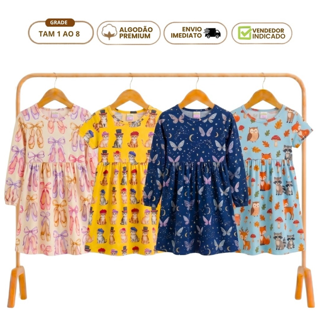 Kit 2 Vestido Menina Algodão 1 Vestido Verão Manga Curta 1 Vestido Inverno Manga Longa 1 ao 8