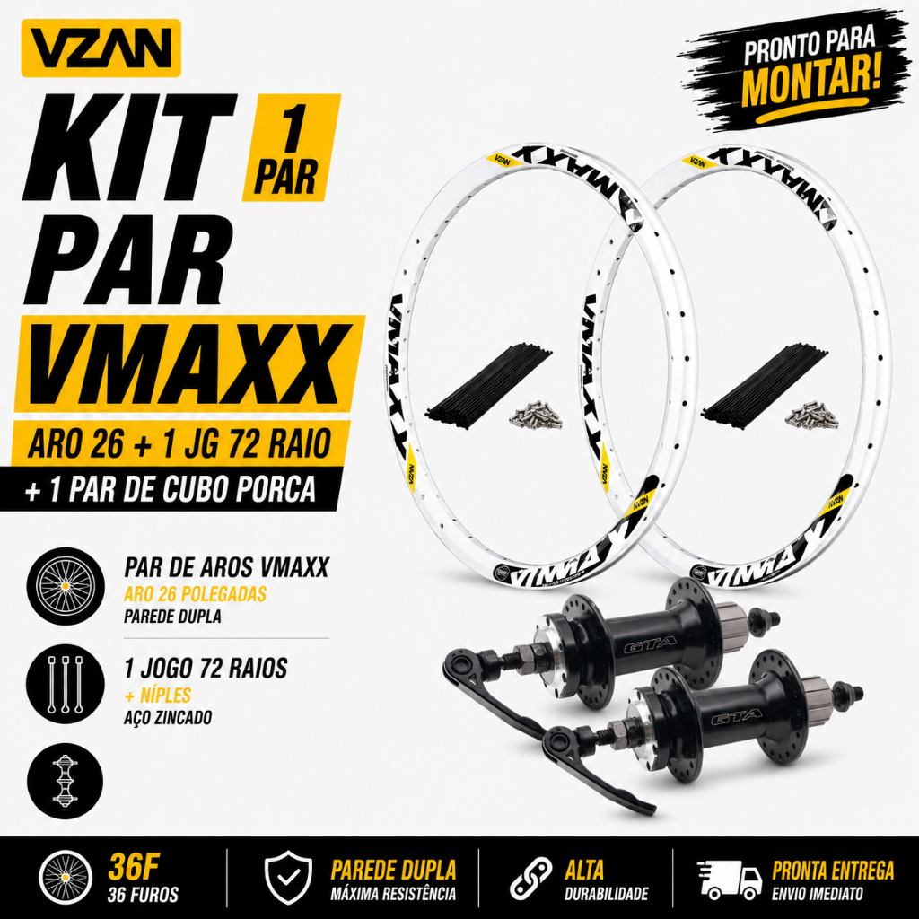 Par 2 Aro Vzan Vmaxx Branco Aro 26 Reforçado SL Para Freio A Disco + Raios Finos Pretos + Cubos K7