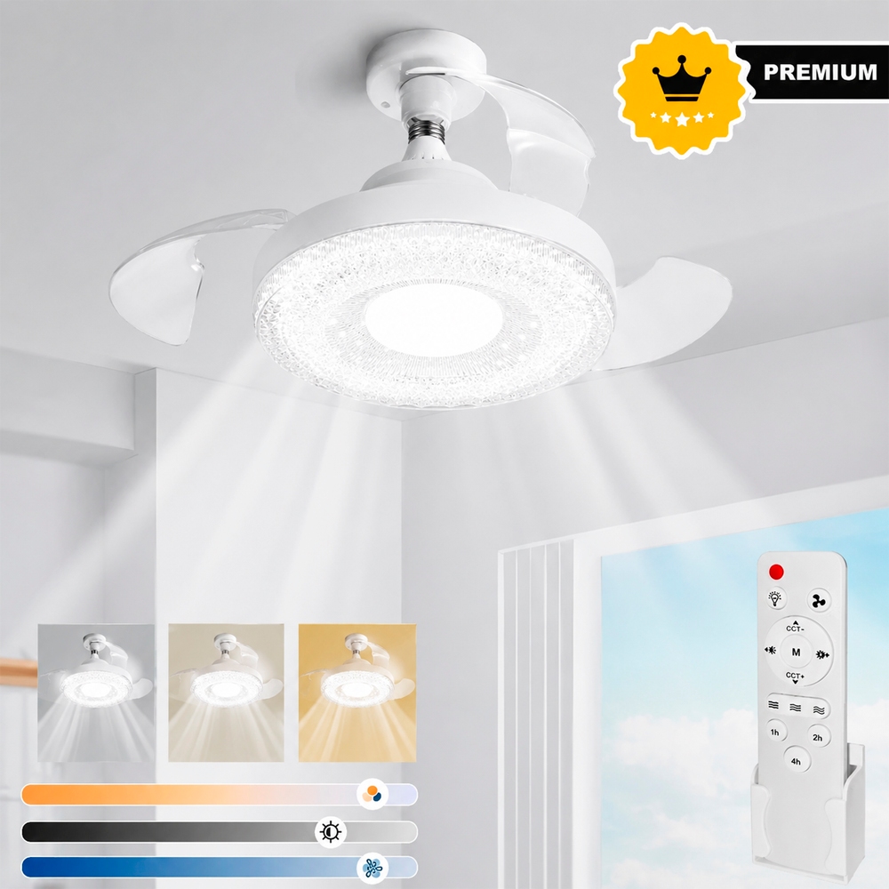 Ventilador de Teto Silencioso 120w Bivolt 3 hélices Retratil Lâmpada de LED 3 cores com Controle
