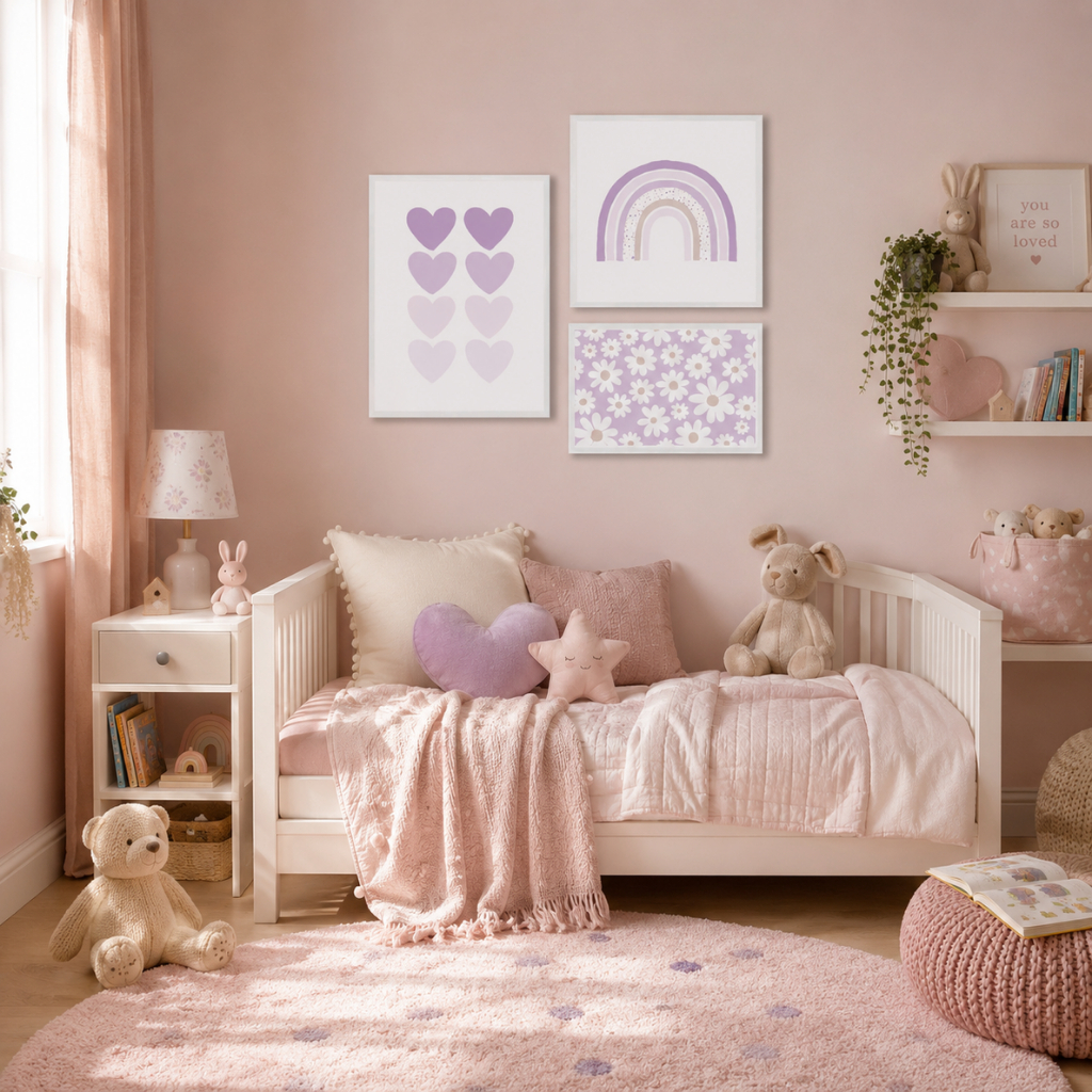 Quadro Decorativo Infantil Floral Lilás Delicado Kit 3 Peças Com Moldura Para Quarto