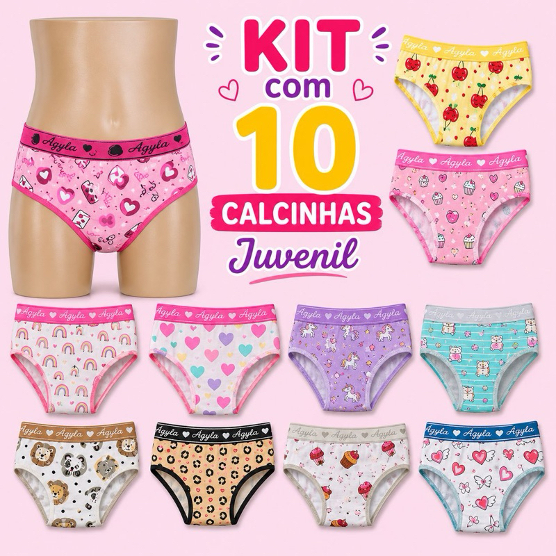 KIT 10 CALCINHAS JUVENIL ESTAMPADA ALGODÃO COTTON CONFORTO