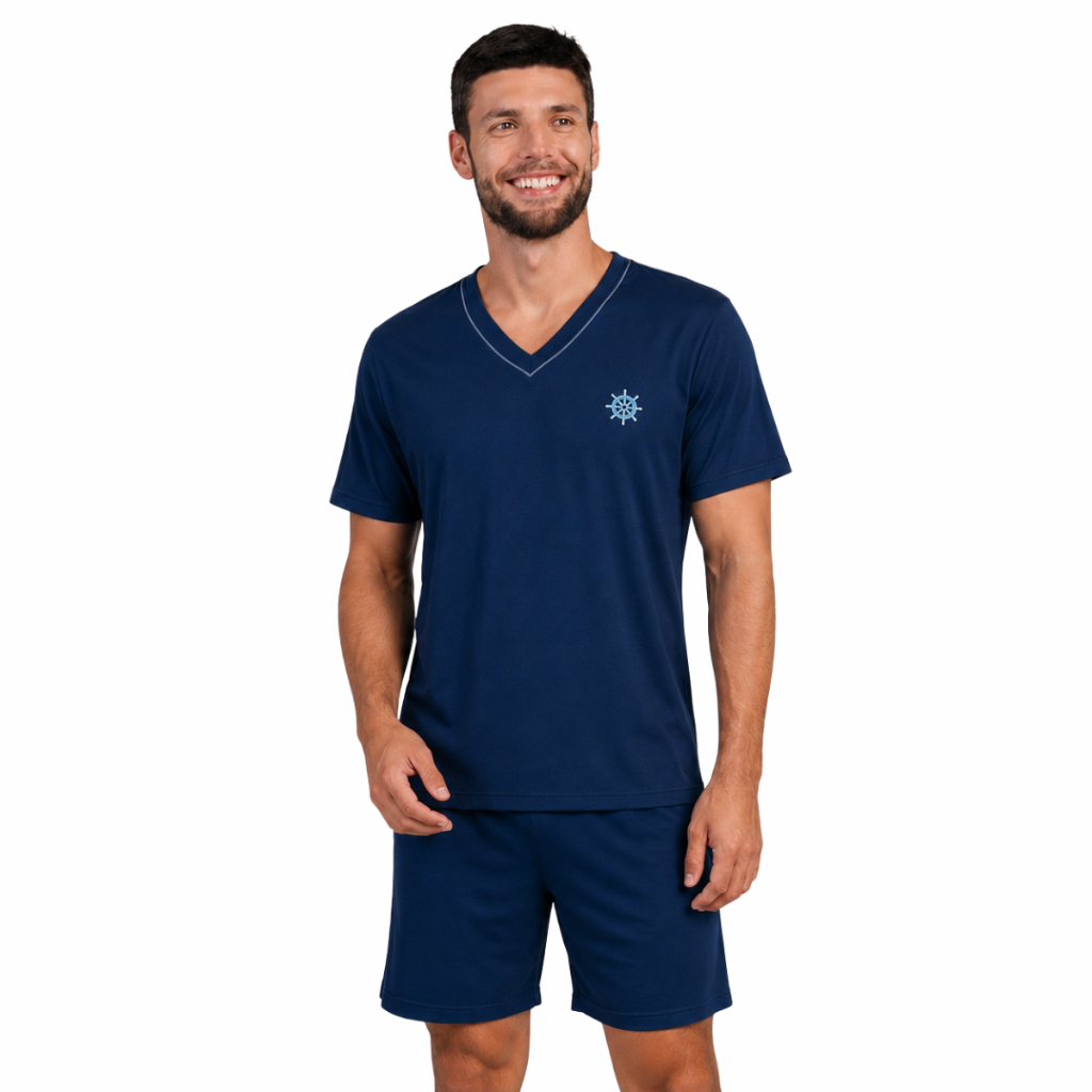 Pijama Masculino Adulto Verão Meia Manga Curta Camiseta e Short Liso