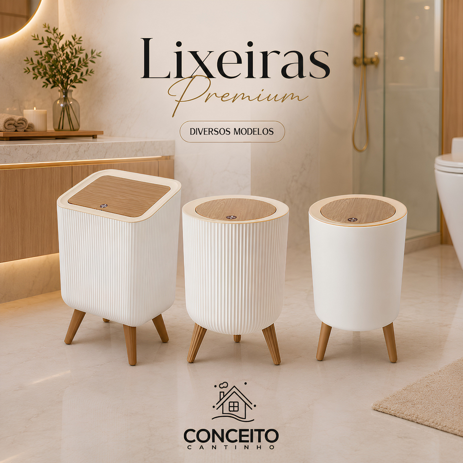 Lixeira De Plástico 9 Litros Branca Premium Com Pés e Tampa Click De Pressão Cozinha Banheiro