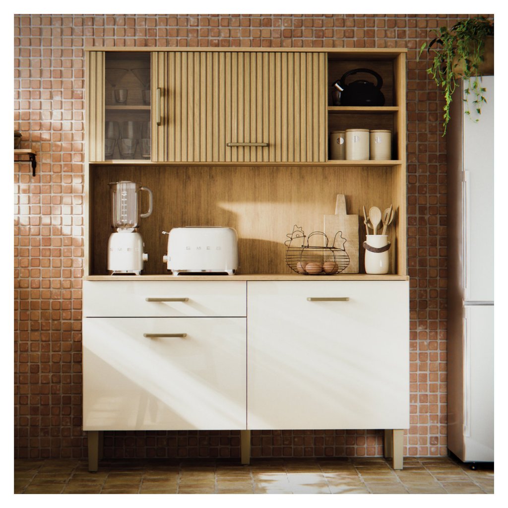 Armário de Cozinha Compacta 4 Portas e Gaveta Com Balcão e Aéreo com Nicho Completa Com Vidro Verona