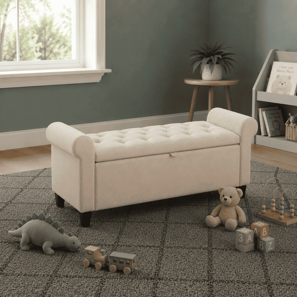 Baú Puff Recamier 90cm Banco Estofado Organizador Multiuso Sapateira Espaçoso Acabamento Sofisticado Premium Luxo Bege