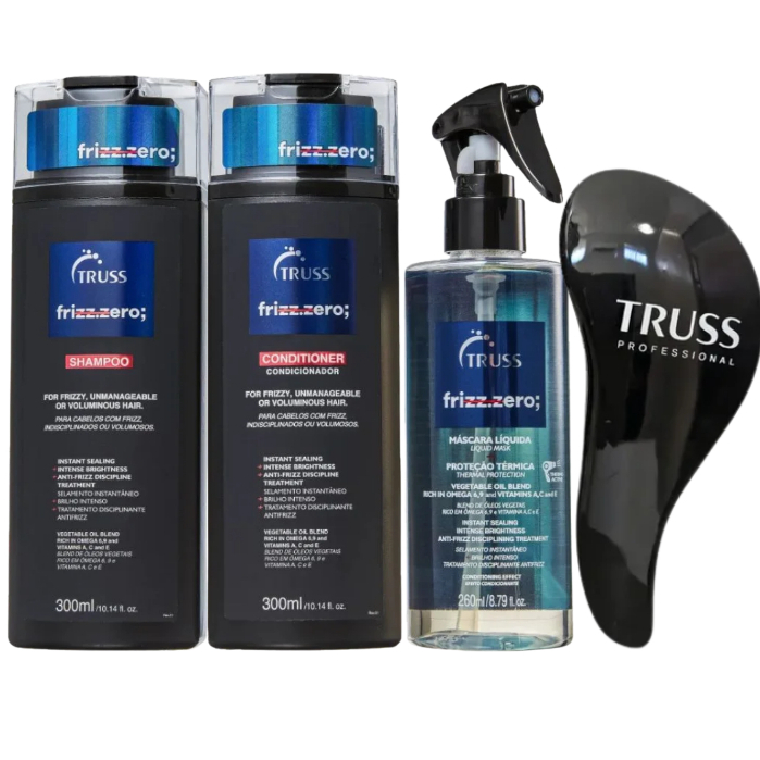Kit Trus Frizz Zero Shampoo 300ml, Condicionador 300ml e Spray Frizz Zero 260ml +BRINDE Escova Truss