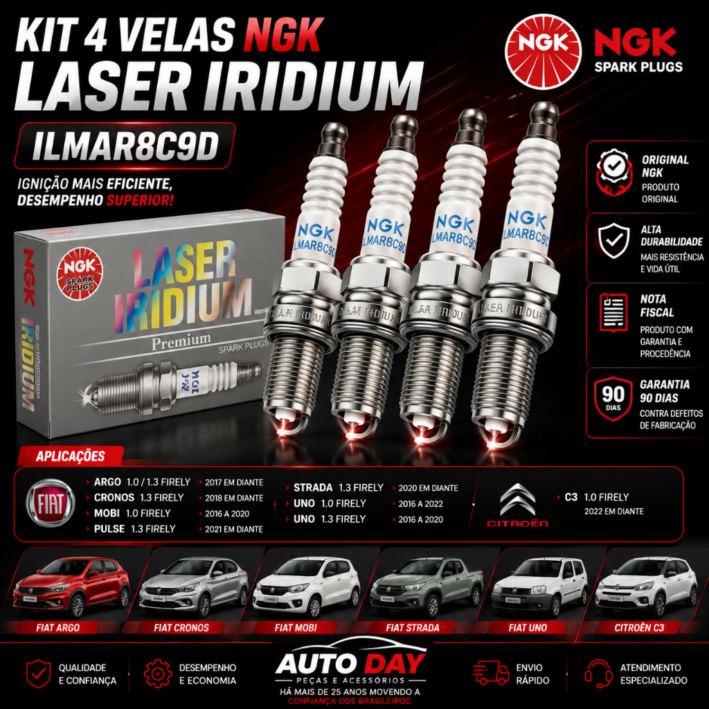 KIT /JOGO DE 4 OU 3 VELAS DE IGNIÇÃO NGK LASER IRIDIUM ILMAR8C9D ORIGINAL