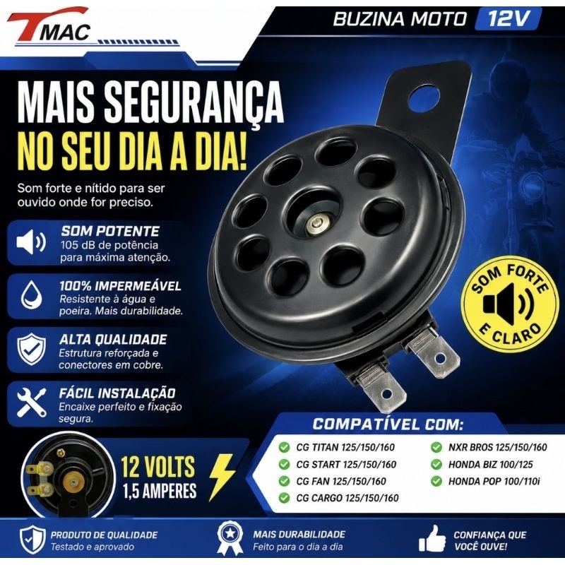 Buzina CG Titan 150 CG Fan 125 ES KS Titan 160 Fan 125 Moto Titan 150 160 Factor Yes Bross 12V Universal Durável