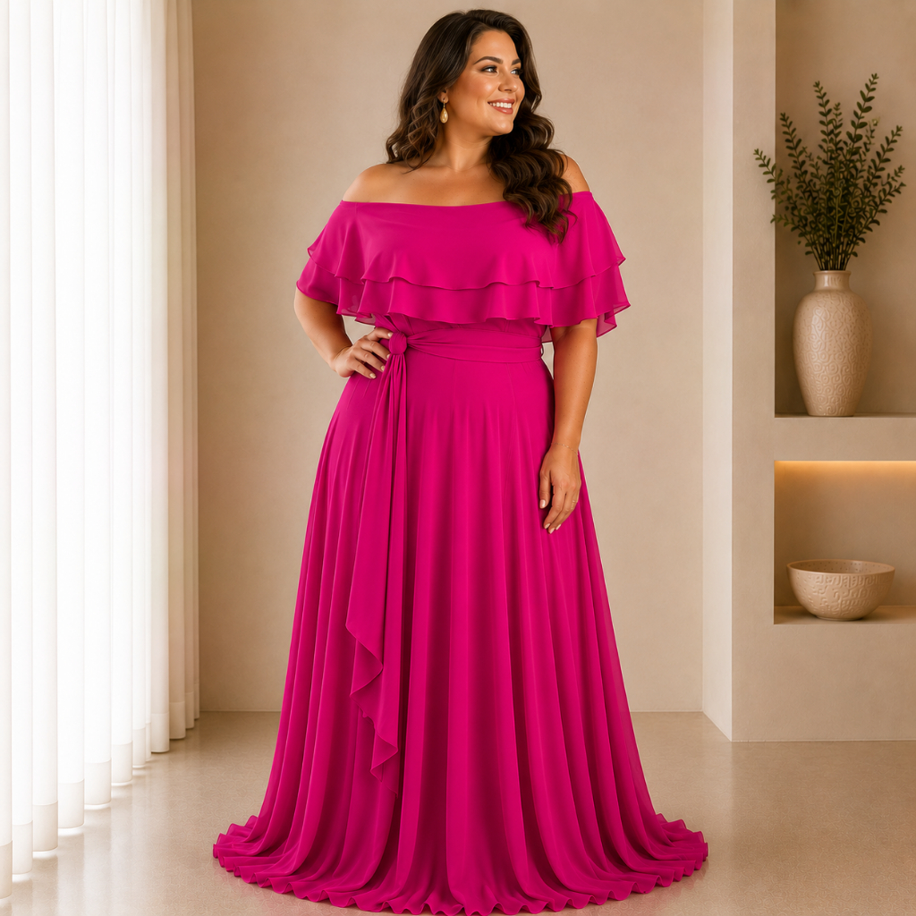 Vestido Longo Para Madrinha de Casamento Plus Size Elegante Bonito Ciganinha