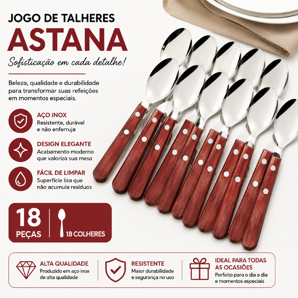 Jogo De Talheres Talher Colheres Astana Com 18 Peças casa Cozinha jantar Madeira e Aço inox Elegante
