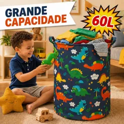 Cesto Organizador de Roupa Suja Infantil Dinossauro 60L Grande Capacidade para Brinquedos Lavanderia Banheiro
