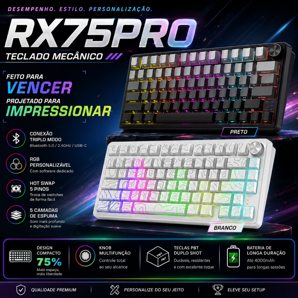 RX75PRO Teclado Mecânico Gamer 75% Tri-Mode HIFI switch Hot Swap RGB Software PBT NKRO Anti-Ghosting PC Notebook tablet