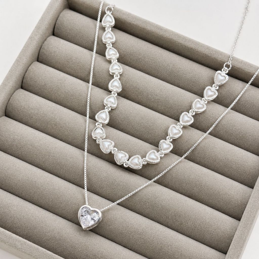 Kit Choker Pérolas Coração + Colar Coração Ponto De Luz Banhado Prata 925