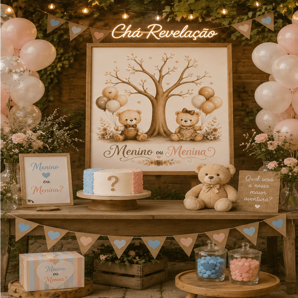 Quadro Chá Revelação Menino ou Menina Ursinhos Marrons Decorativo Personalizado