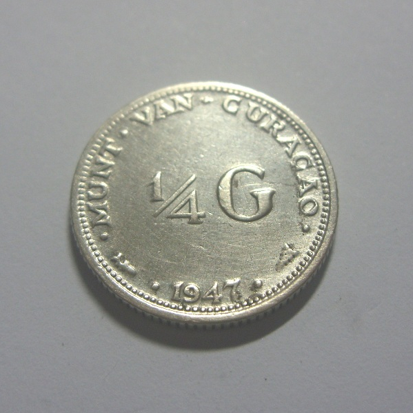 Bela Moeda Curaçao (Antilhas Holandesas) 1/4 Gulden 1947 Prata, Autentica.