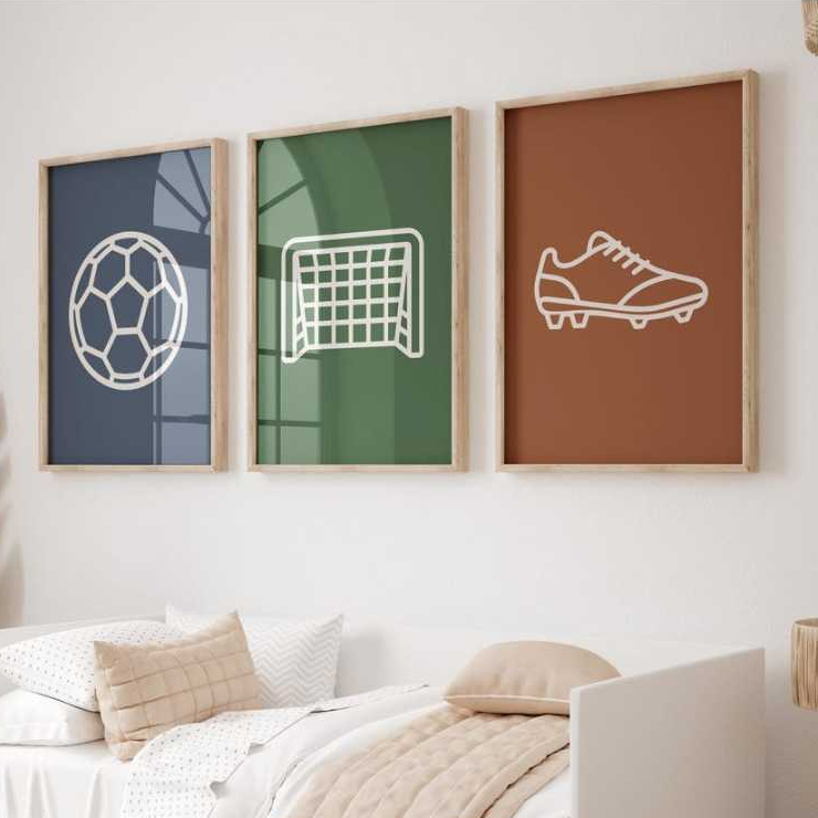 Kit 3 Quadros Futebol Bola Jogo Gol Campo Jogador Trio Personalizado com Nome Moldura Quarto Menino