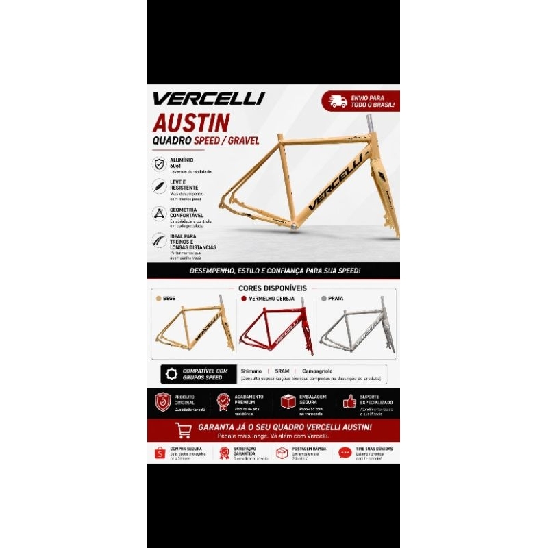 Quadro + garfo Vercelli Austin Speed Gravel Alumínio Tamanhos 50 / 54