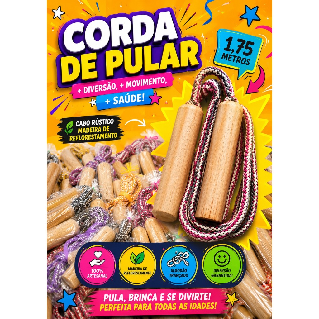 10UN Cordas de pular brinquedo infantil 1,75 metros com cabo de madeira lixada