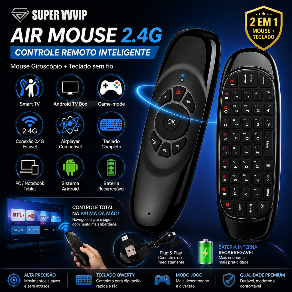 Air Mouse 2.4G com Teclado Sem Fio Mini – Controle Remoto Inteligente para Smart TV, TV Box, PC e Android (Plug & Play)