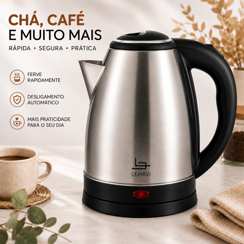 Chaleira Elétrica Inox 1,8L Base Giratória Aquecimento Rápido Desligamento Automático 220V