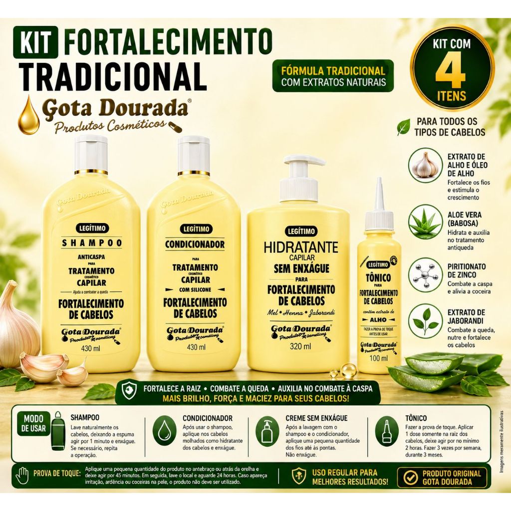 Kit Shamp+Cond 430ml + Creme 320g + Tônico 100ml Tradicional Gota Dourada