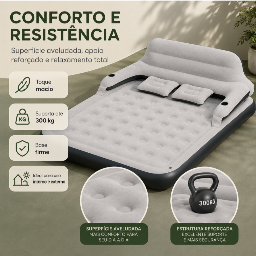 Colchão Inflável Queen Casal com Encosto e Bomba Elétrica Embutida Cama De Campanha