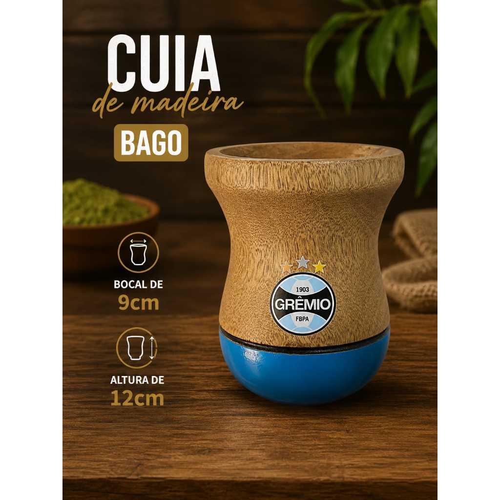 cuia de madeira imbuia modelo bago do grêmio
