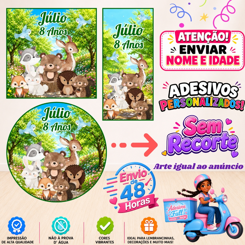 Bosque Encantado - 100/60/40 Adesivos Personalizados Lembrancinhas Festa Aniversário
