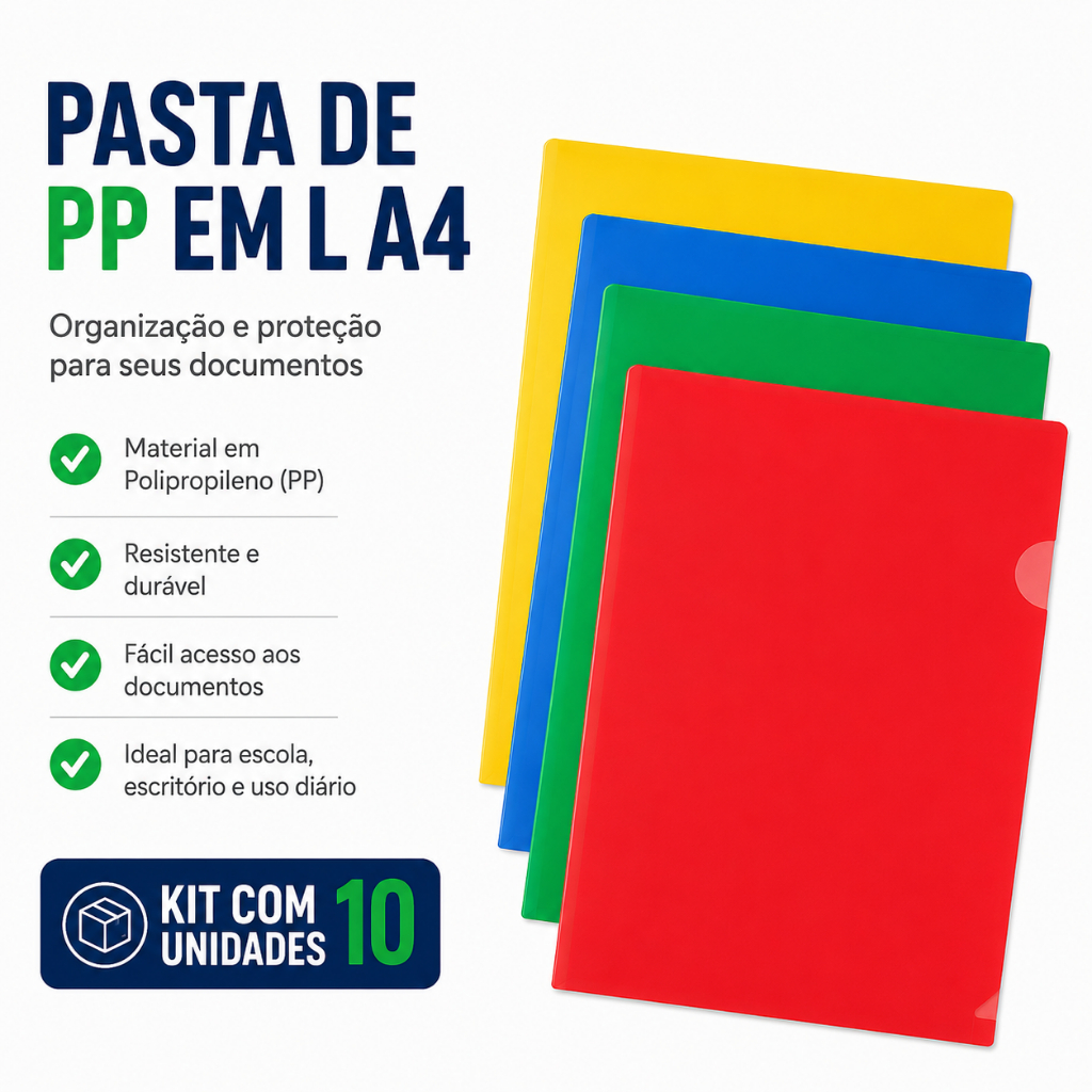 Kit 10 Pastas Em L A4 PP Coloridas Porta Documentos Escolar Escritório