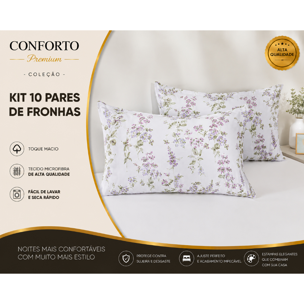 Kit 10 Pares de Fronhas Estampada em Tecido Macio e Confortável com Estampas Aleatórias