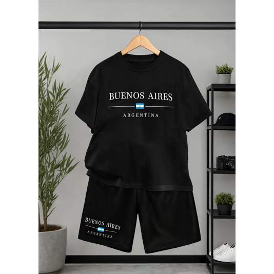 Conjunto Masculino BuenosAires Argentina Premium 100% Algodão Camiseta, BermudaCasualVerãoStreetwear