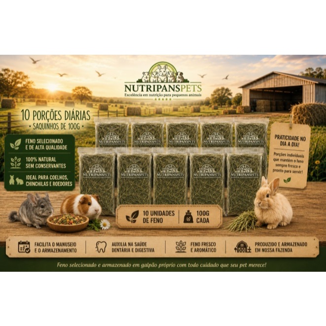 Kit Diário 10 Pactes 100G Fibra Alimentar Feno Premium 02 Pactes 100G Feno Saborizado Nutripanspets
