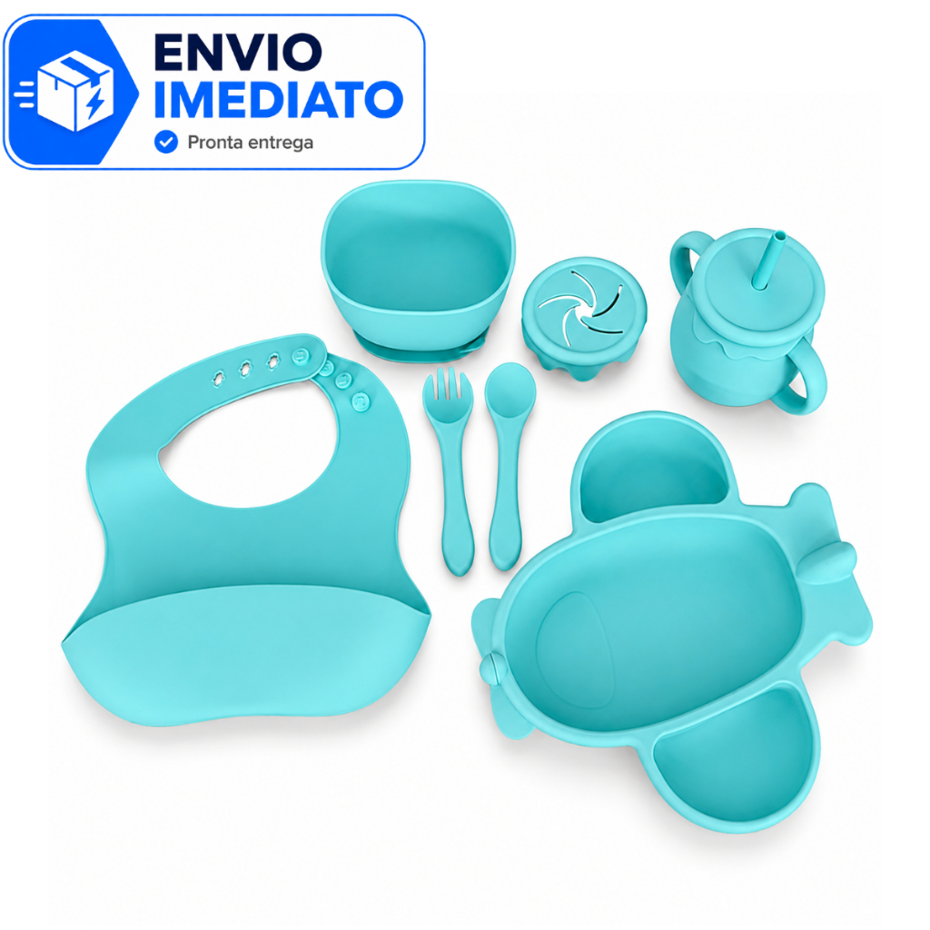 Kit Alimentação Avião Bebê Introdução Alimentar 8 Itens Silicone Livre BPA Com Ventosa
