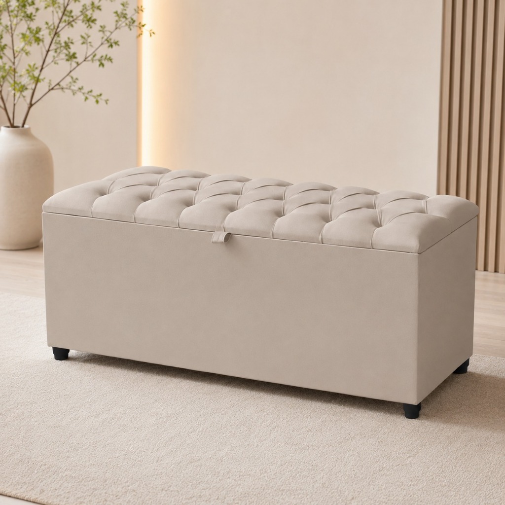 Baú Puff Recamier 80cm Banco Decorativo Estofado Organizador Multiuso Sapateira Para Quarto Elegante Premium Bege
