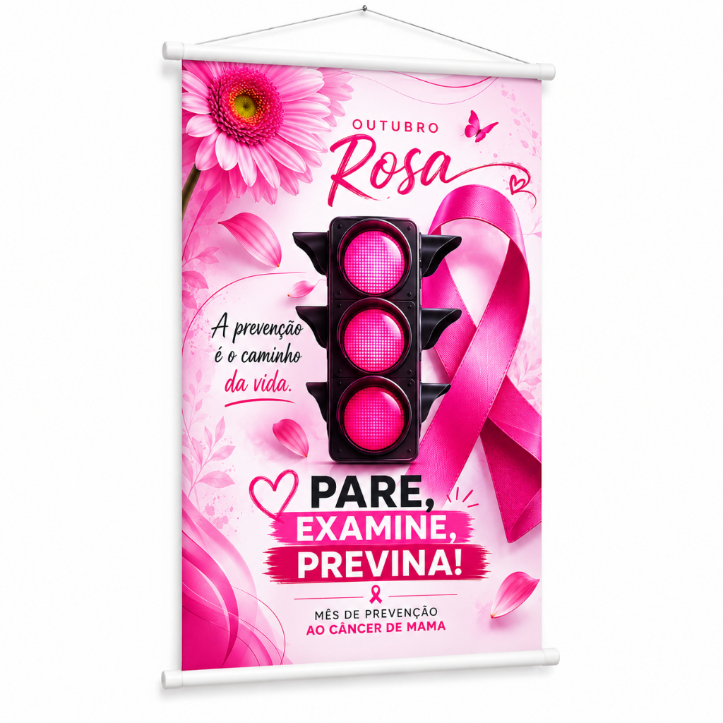 Banner Outubro Rosa Prevenção Ao Câncer De Mama produzido em lona. Cartaz Divulgação Evento Hospital Clínica Pub1085