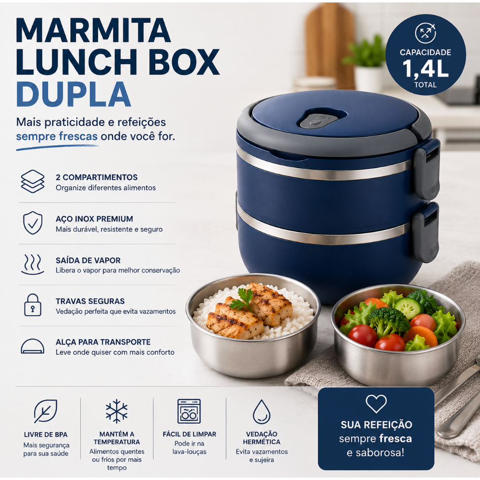 Marmita Térmica Dupla 1,4L Azul | Organizador de Refeição Almoço Janta Casa Trabalho