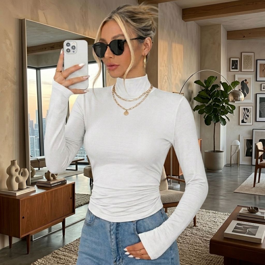 Blusa Gola Alta Feminina Canelada Manga Longa Branca Segunda Pele Inverno Elegante Moda