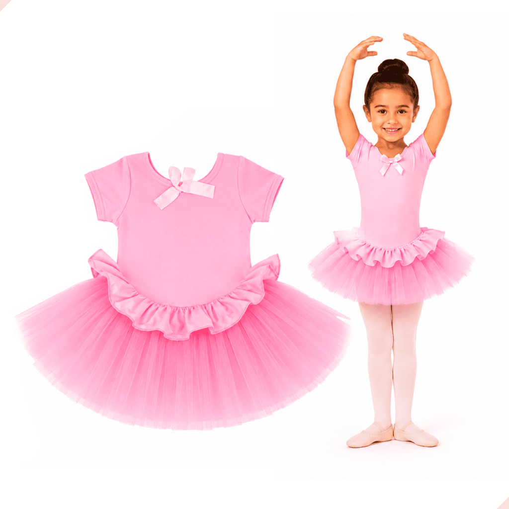 Fantasia de Bailarina Body com Tutu de Tule Rosa Roupinha de Ballet Infantil Para Apresentação