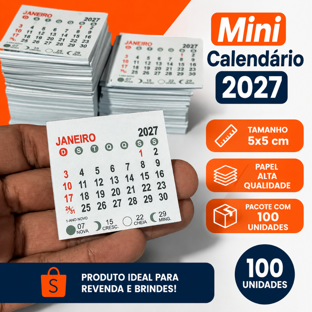 Mini Calendário Bloco 2027 | 5x5 | 1000 Unidades | Mesa Pequeno Decorativo Compacto