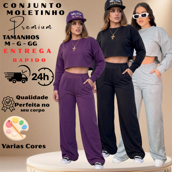 conjunto MOLETINHO calça pantalona + blusa manga longa , premium , elegante , confortavel  feminino