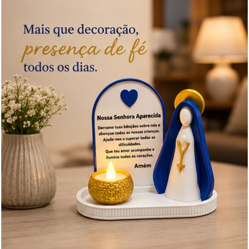 Kit Nossa Senhora Aparecida + placa de oração + vela artificial + bandeja – Presente de Fé. Decoração religiosa católica