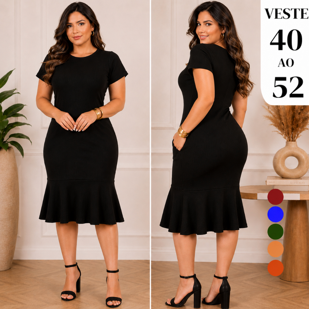 Vestido Feminino Midi Malha Texturizada Elegante Modelo de Babado