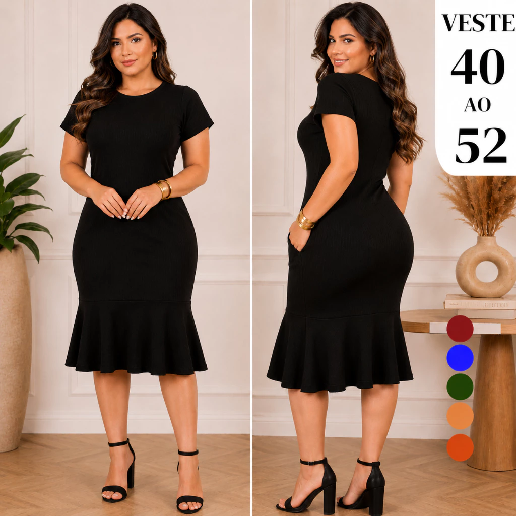 Vestido Feminino Midi Malha Texturizada Elegante Modelo de Babado — imagem 1