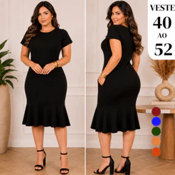 Vestido Feminino Midi Malha Texturizada Elegante Modelo de Babado