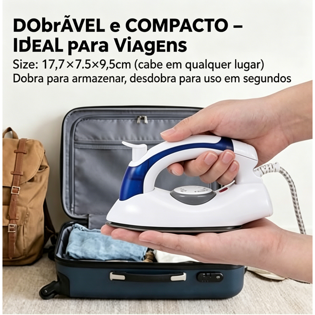 Mini Ferro Passar Roupa Portátil Bivolt Viagem Vapor Dobrável Mala
