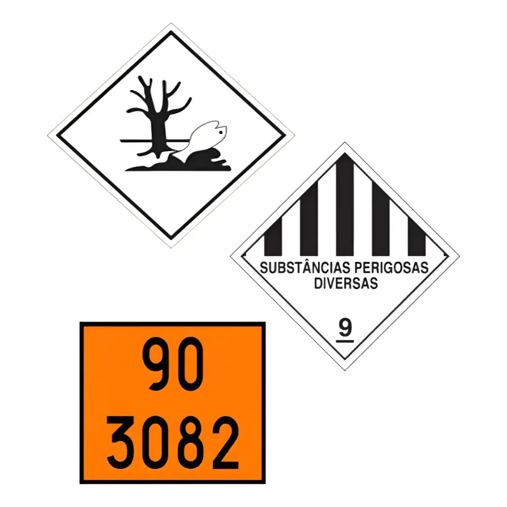 Kit Onu Placas Meio Ambiente + Substância Perigosa Dvs 9 + 90 3082 Para Transporte de Cargas Perigosas
