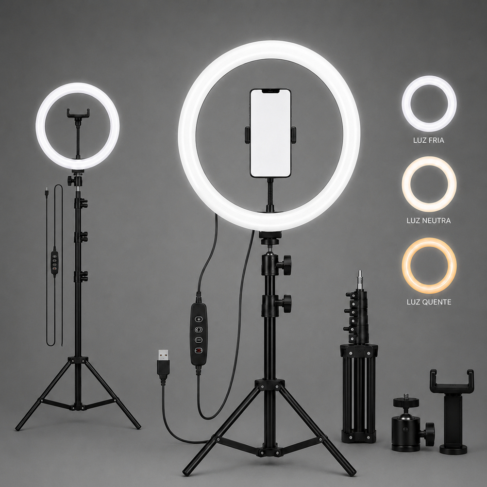 Ring Light 12" 30cm Completo com Tripé 2m LED USB Suporte Celular Iluminador Profissional para Fotos Vídeos TikTok YouTu