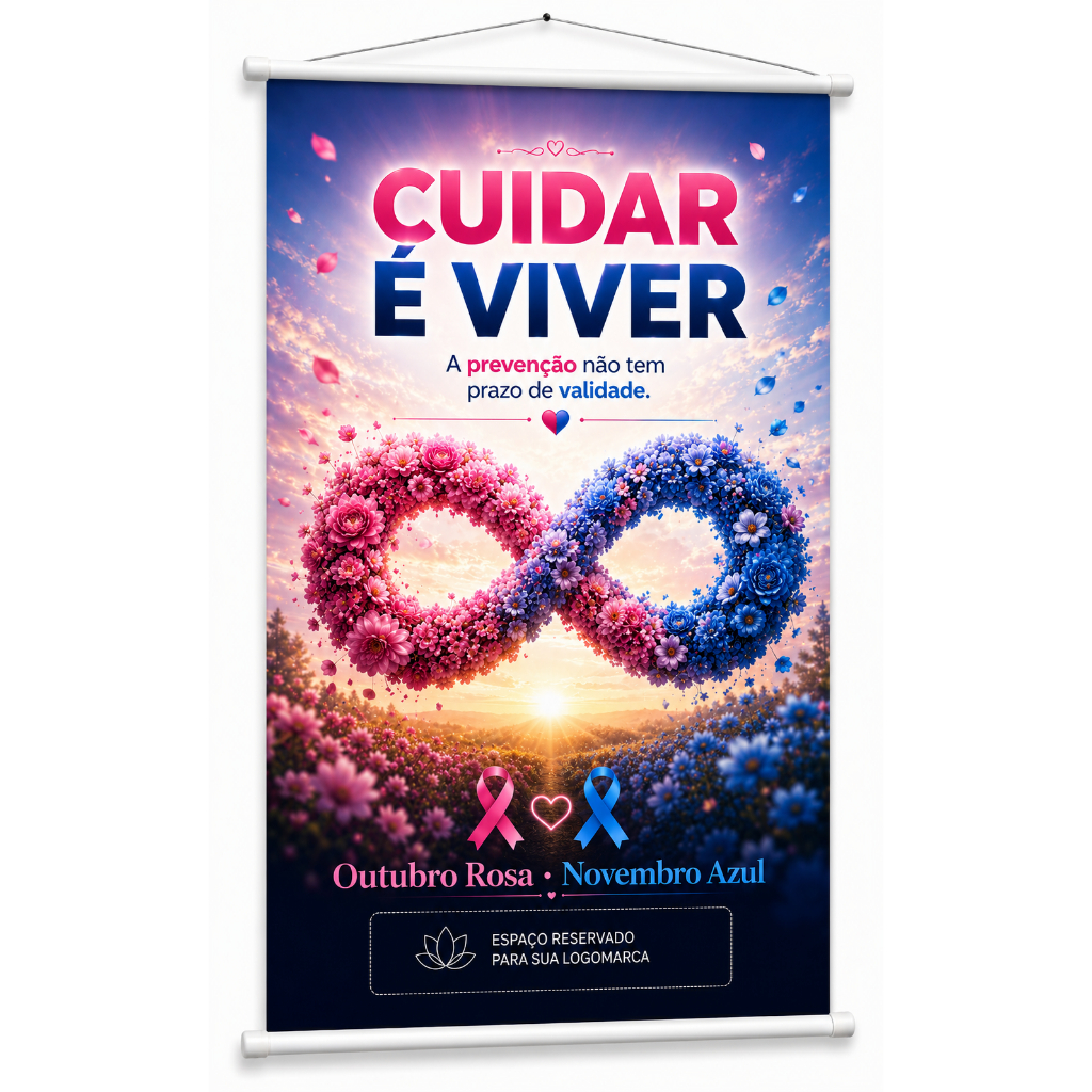 Banner Outubro Rosa Novembro Azul Câncer Mama Próstata produzido em lona Cartaz Conscientização Empresa Hospital Pub1124