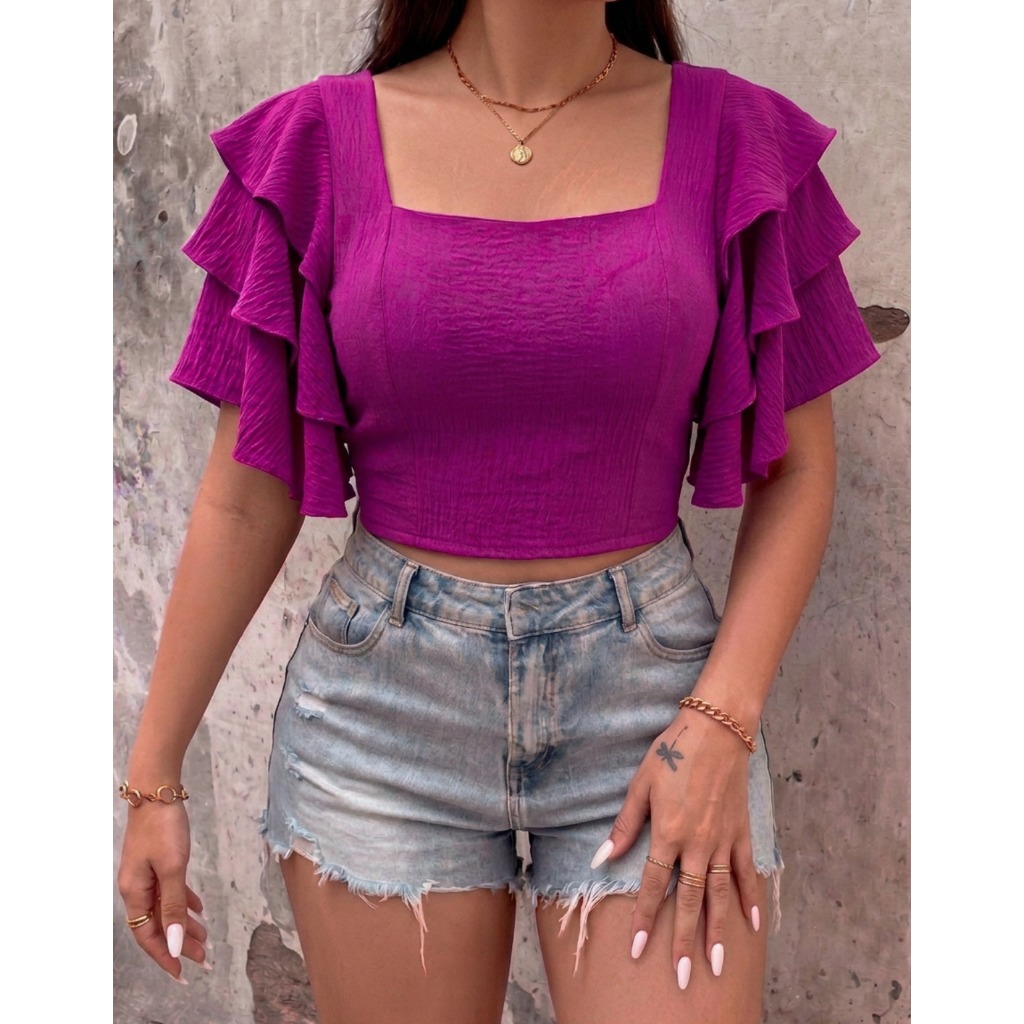 Cropped Blusa Feminina Top Manga Curta Flare Babado Duna